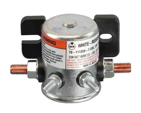 Picture of 12-volt, 4 terminal, #71 series solenoid with copper contacts and long housing.